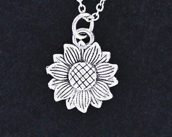 SUNFLOWER Necklace - Pewter Charm on Cable Chain Choice of Length Flower Tall Large Sun Flower