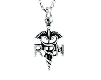 RN CADUCEUS Necklace - Pewter Charm on Cable Chain Choice of Length Registered Nurse Medical Symbol