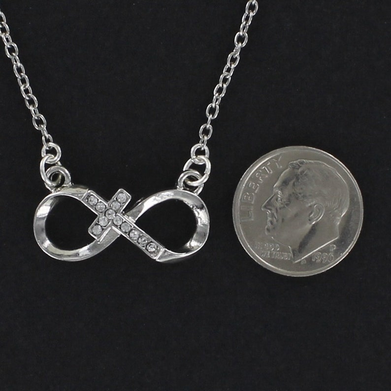 CROSS INFINITY Necklace Pewter with Rhinestone Cross Attached Chain 20-inch Length