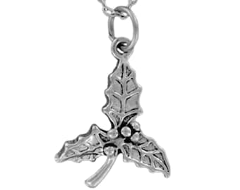 Pewter Holly Necklace – Christmas Mistletoe Charm, Stainless Steel Chain