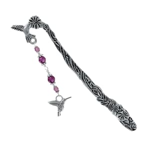 HUMMINGBIRD BEADED Bookmark Amethyst Crystal Bead Dangle with Pewter Charm Reading Gift