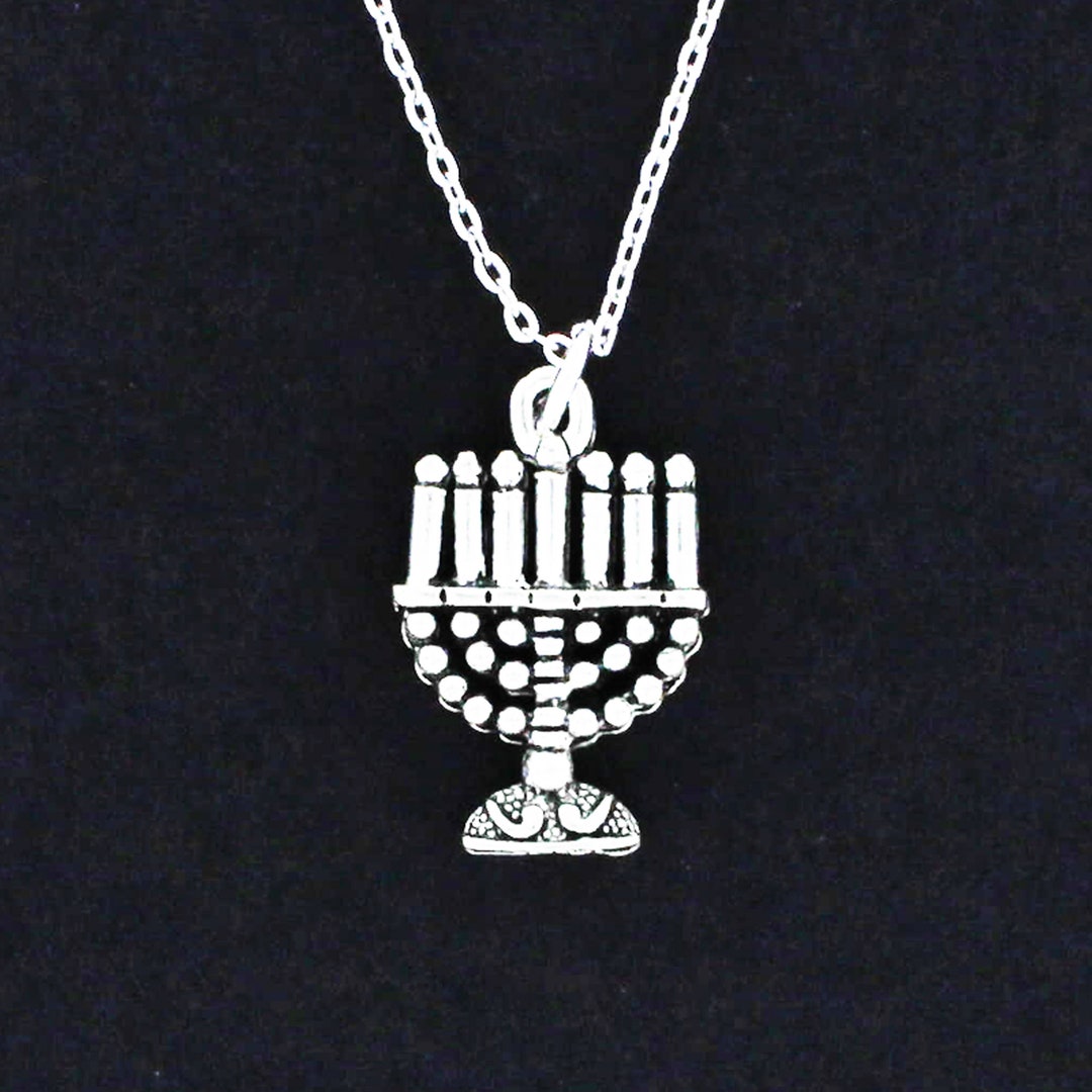 MENORAH NECKLACE Pewter Charm on Cable Chain Choice of Length Hanukkah Chanukah Jewish Festival