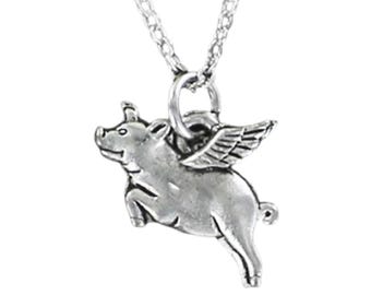 PIG WITH WINGS Necklace - Pewter Charm on Cable Chain Choice of Length - When Pigs Fly Swine Flying