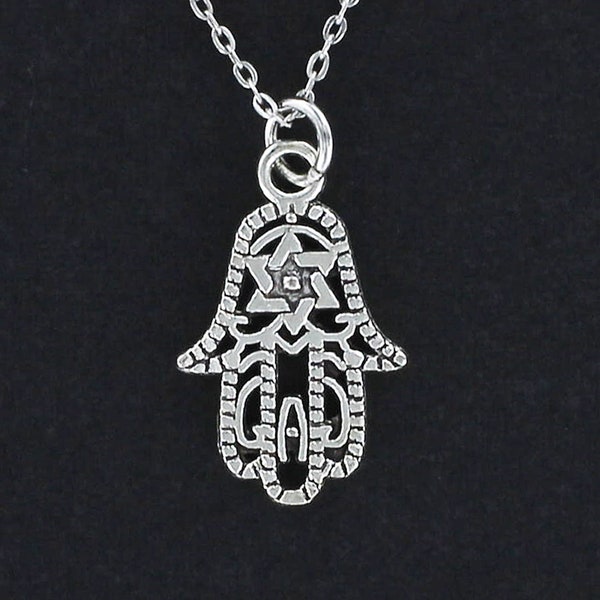 HAMSA Necklace with STAR of David - Pewter Charm on Cable Chain Choice of Length Jewish Judaica Israel