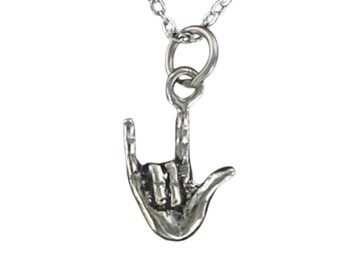 I LOVE YOU Sign Language Necklace - Pewter Charm on a Cable Chain Hand Romance Girlfriend Wife Anniversary Gift Deaf ASL