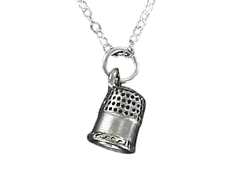 THIMBLE NECKLACE - Pewter Charm on Cable Chain Choice of Length Sew Sewing Crafts Quilt Quilting Finger Gift