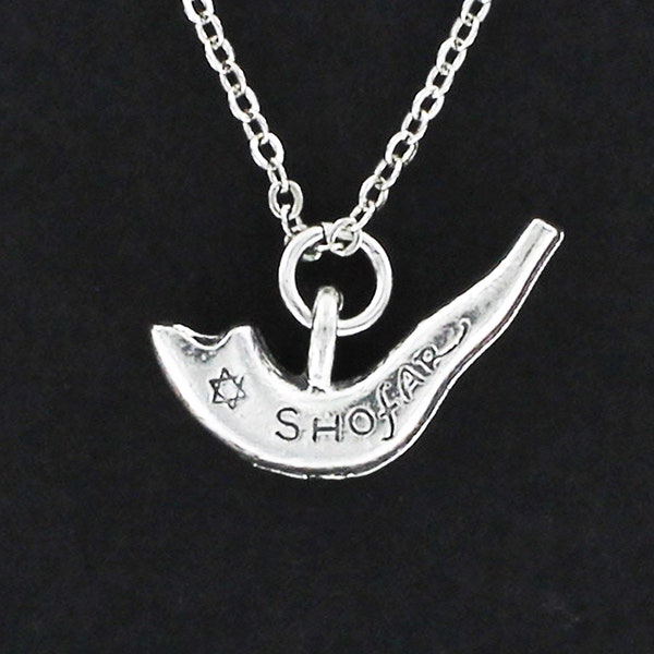 SHOFAR Necklace - Pewter Charm on Cable Chain Choice of Length - Blessing Torah Star of David