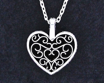 FILIGREE HEART Necklace - Pewter Charm on Cable Chain Choice of Length - Open Design Love Swirl Scroll