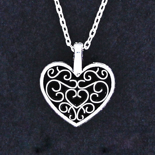 FILIGREE HEART Necklace - Pewter Charm on Cable Chain Choice of Length - Open Design Love Swirl Scroll