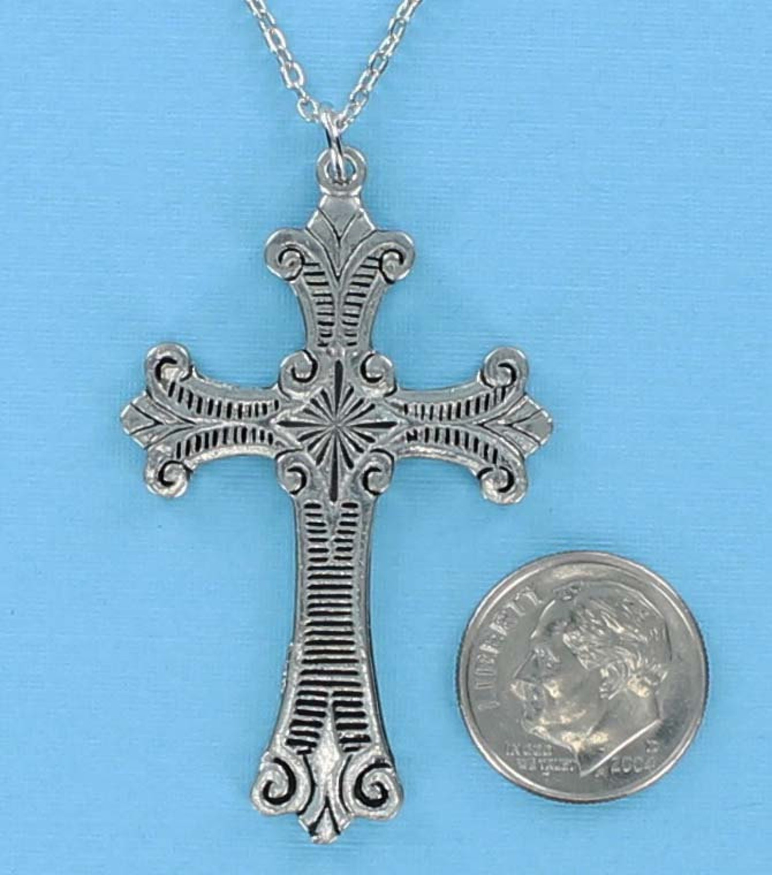 CROSS Necklace Large Pewter Charm on a FREE Plated Chain Etsy