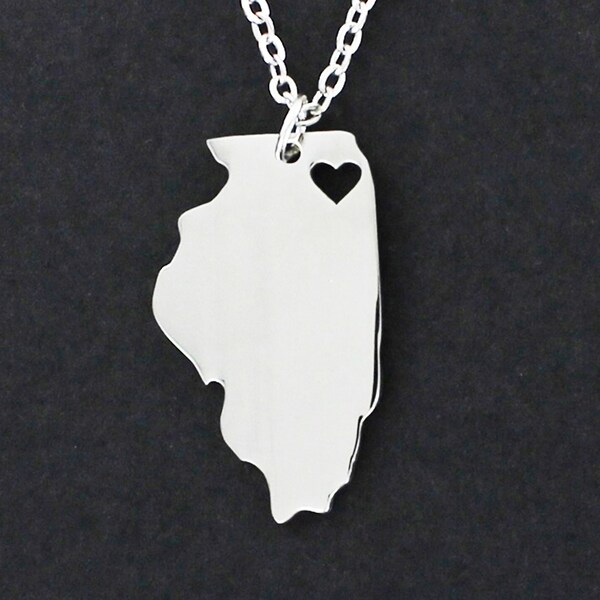 ILLINOIS State with Heart Necklace - Stainless Steel Charm on Cable Chain Choice of Length - Chicago Lake Michigan