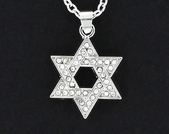 STAR of DAVID with Rhinestones Necklace - Pewter Charm on Cable Chain Choice of Length Judaica Jewish Israel Sparkle