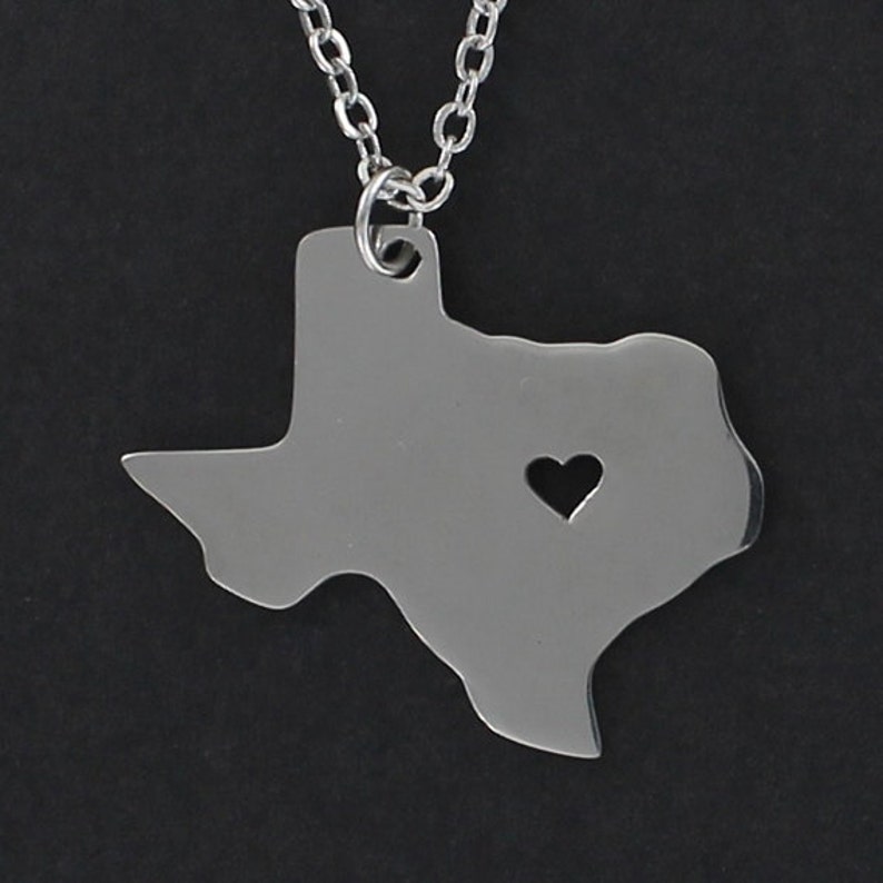 TEXAS State Necklace Stainless Steel Charm with Heart Cutout on a FREE Cable Chain