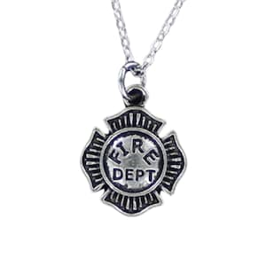 FIREFIGHTER EMBLEM Necklace - Pewter Charm on Cable Chain Choice of Length - Maltese Cross Fire Department