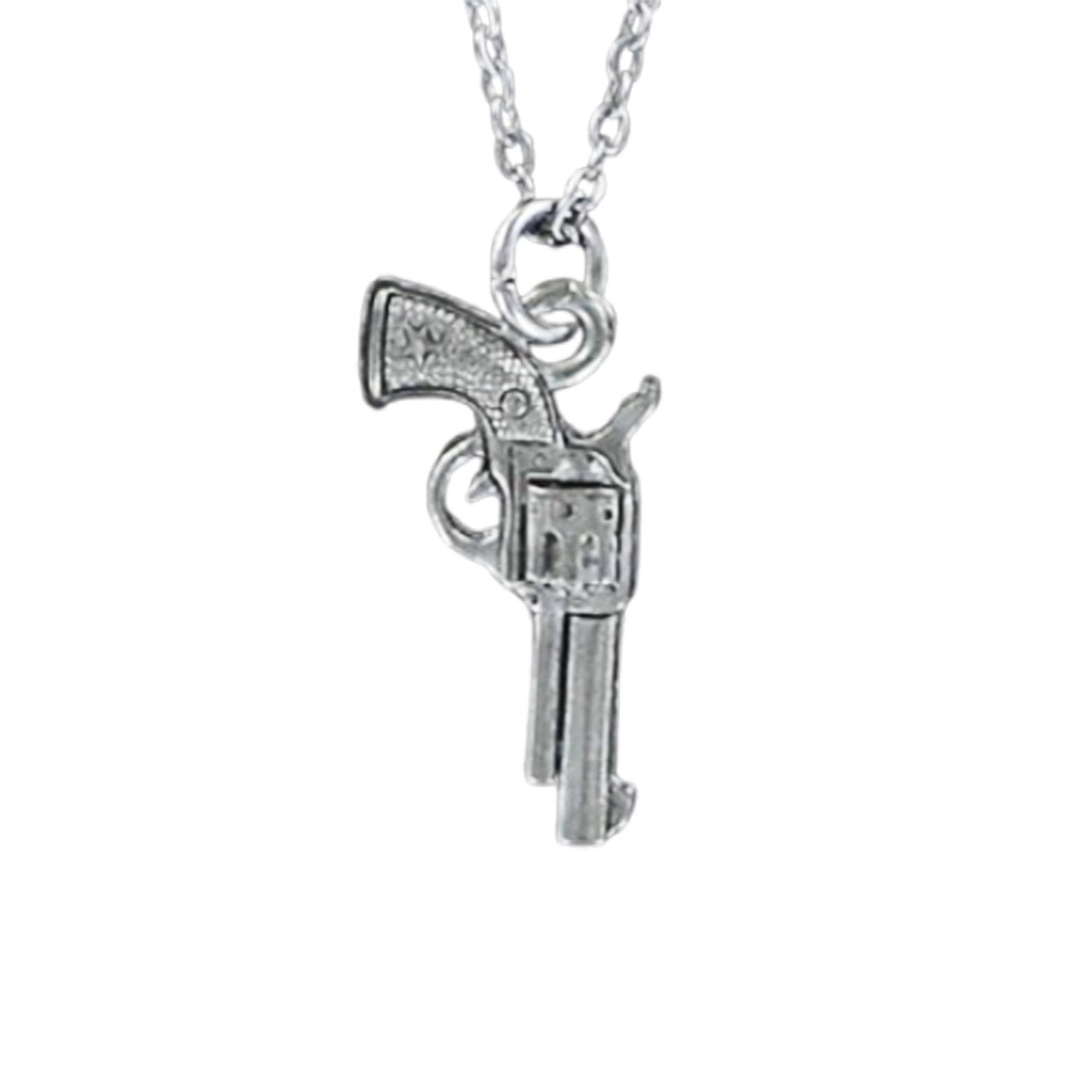 Pendentif Révolver Vintage En Métal Argenté - Marque DOP, 3,5 Cm, Bon état