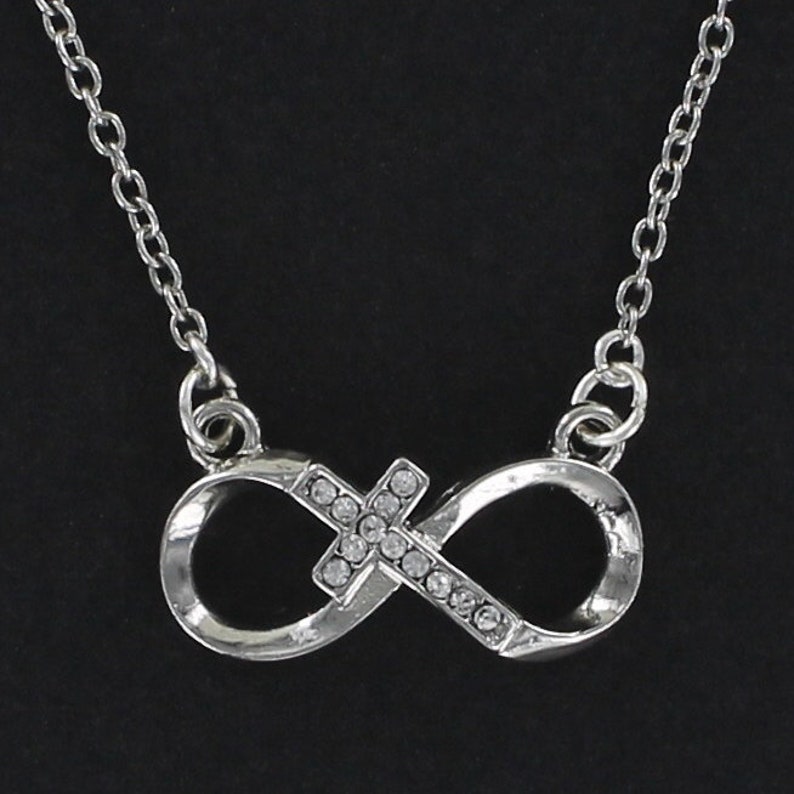 CROSS INFINITY Necklace Pewter with Rhinestone Cross Attached Chain 20-inch Length