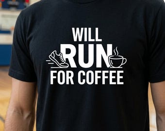 Camiseta "Correré por café", camiseta gráfica de motivación para corredores de montaña.