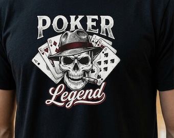 Camiseta vintage con calavera de leyenda del póker, regalo para jugadores de póker, camiseta gráfica para amantes del juego.