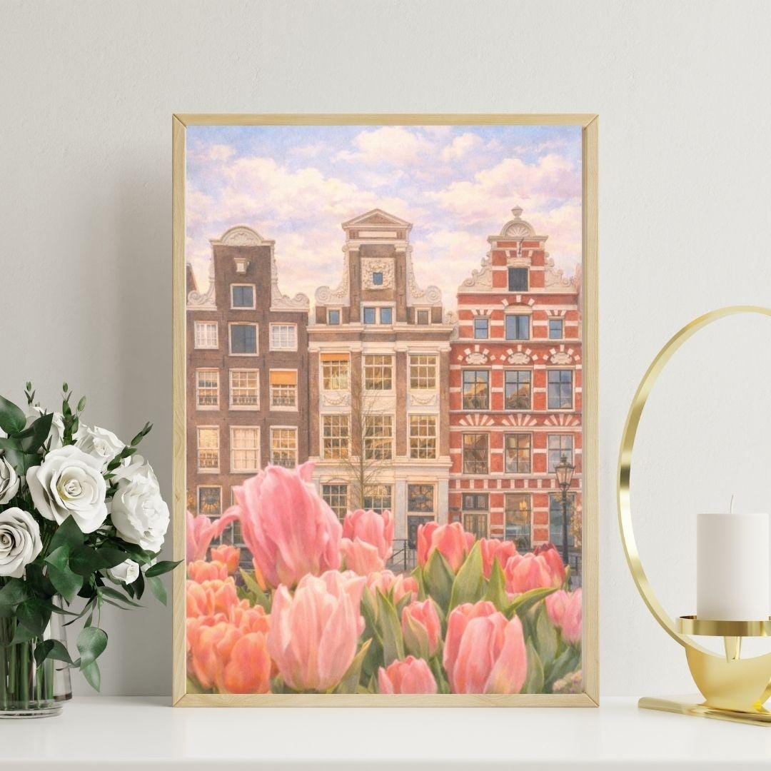Amsterdam Canal Print, Tulip Spring Wall Art, Pastel Dutch Travel Decor ...