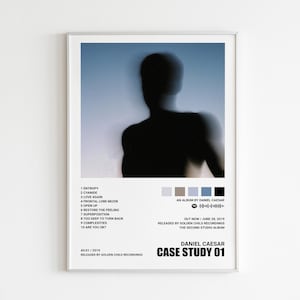 May include: Framed poster featuring a blurred silhouette of a person against a blue background. The poster includes a tracklist, album details, and the text "DANIEL CAESAR CASE STUDY 01". The album was released by Golden Child Recordings.
