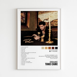 Puede incluir: Un póster enmarcado con el álbum "Take Care" de Drake. La imagen muestra a Drake en un entorno oscuro con detalles dorados. El póster incluye la lista de canciones del álbum, información de lanzamiento y el título del álbum en negrita. La paleta de colores incluye tonos marrones y dorados.