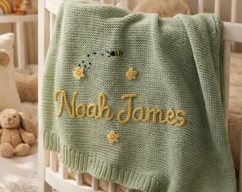 Custom Name Baby Blanket | Hand Embroidered Organic Cotton Knit | Neutral Nursery Decor | Unique Baby Shower Gift