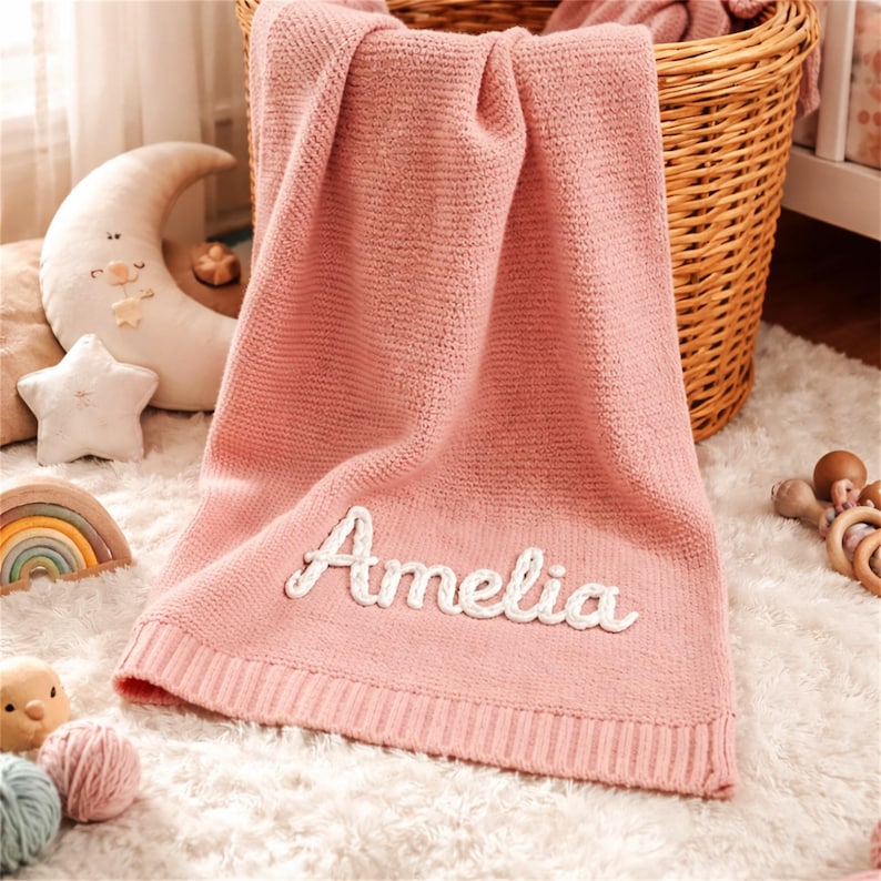 Anpassad namnfilt för babyn | Handbroderad ekologisk bomullsstickning | Neutral barnrumsdekoration | Unik babyshowerpresent bild 5