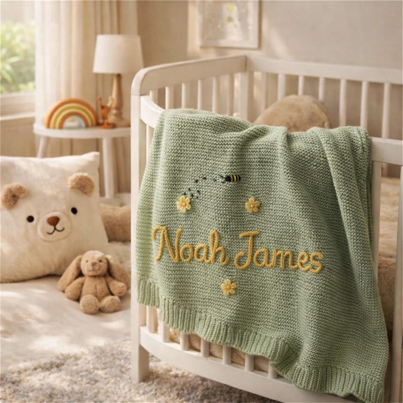 Anpassad namnfilt för babyn | Handbroderad ekologisk bomullsstickning | Neutral barnrumsdekoration | Unik babyshowerpresent bild 1