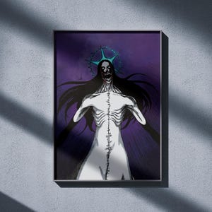 May include: Framed artwork depicting a skeletal figure with long black hair and a crown against a purple background. The figure is in a white gown with a stitched seam. The artwork is mounted on a grey wall with shadows.