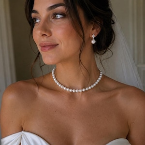 Collar nupcial de perlas brillantes, perlas de 8 mm con longitudes personalizadas disponibles.