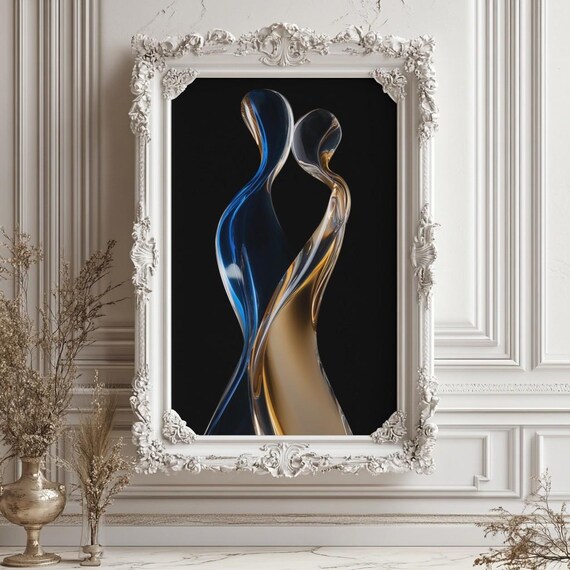 Romantic Couple Wall Art, Blue and Gold Abstract Poster, Modern Love Print, Anniversary Gift, Wedding or Engagement Decor