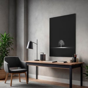 Minimal Zen Tree Wall Art, Black and White Minimalist Decor, Lone Tree in Darkness, Japanese Zen Style Artwork, Calm Meditation Wall Art