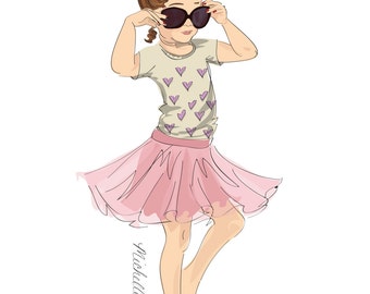 DIGITAL DOWNLOAD - Children's Fashion Illustration - little girl playing dress up in mom's shoes and sunglasses - Light Skin and Brown Hair
