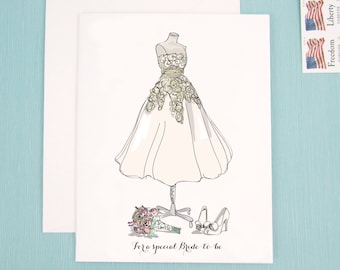 Digital - Print at home - Wedding Shower Card featuring a wedding dress, shoes, and bouquet