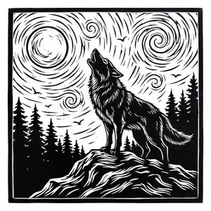 Wolf Linocut Print — Swirling Sky Wall Art — Howling Wolf Art — Digital Download