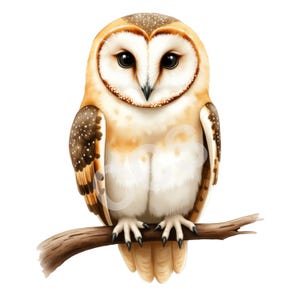 May include: A detailed illustration of a barn owl perched on a brown branch. The owl has a heart-shaped face with large, dark eyes, and a mix of brown, white, and tan feathers. The branch is a natural brown color, set against a white background.