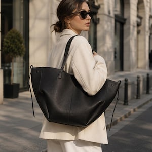 Minimalist Leather Tote Bag, Large Soft Shoulder Purse, Everyday Work Handbag