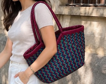 Handmade Woven Tote Bag, Colorful Boho Shoulder Bag, Large Beach Market Purse