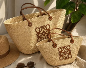 Boho Raffia Straw Tote Bag, Large Woven Beach Purse, Summer Shoulder Bag, Vacation Basket