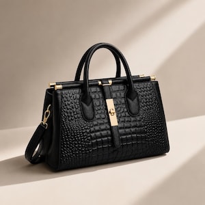 May include: Black handbag with a textured, crocodile-like pattern. The bag features a top handle, a detachable shoulder strap, and gold-colored hardware. The rectangular bag has a flap closure with a gold-colored clasp.