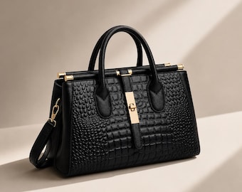 Black Crocodile Embossed Leather Tote Bag, Large Capacity Satchel Handbag