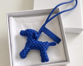 Handmade Leather Dog Bag Charm, Woven Puppy Keychain, Cute Bag Accessory, Luxury Purse Charm, Aesthetic Gift for Women