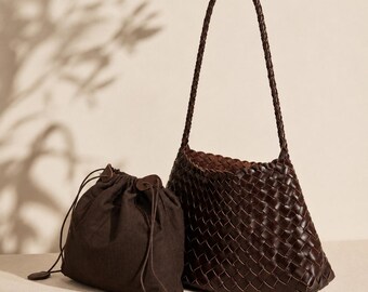 Handwoven Leather Hobo Bag, Brown Boho Shoulder Tote, Minimalist Slouchy Purse