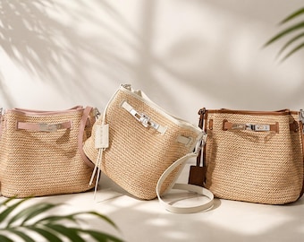 Handwoven Raffia Shoulder Bag, Boho Leather Trim Crossbody Purse, Summer Beach Tote