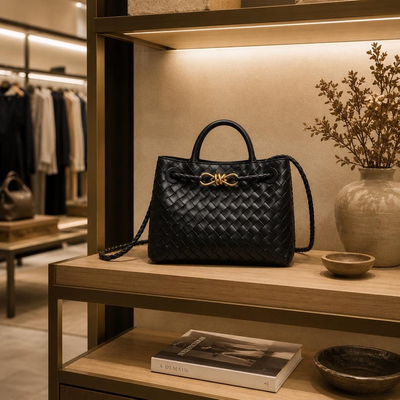 Pu&ograve; includere: Borsa a mano in pelle nera intrecciata con manico superiore e finiture color oro. La borsa ha una forma strutturata e una tracolla intrecciata. La borsa &egrave; esposta su una mensola di legno in un ambiente commerciale.