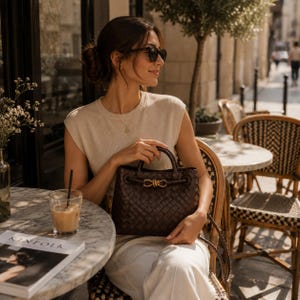 Pu&ograve; includere: Una borsa a mano in pelle intrecciata marrone con manico superiore e finiture color oro. La borsa &egrave; tenuta da una persona che indossa occhiali da sole e un top color crema. Un bicchiere di caff&egrave; freddo e una rivista sono su un tavolo di marmo.