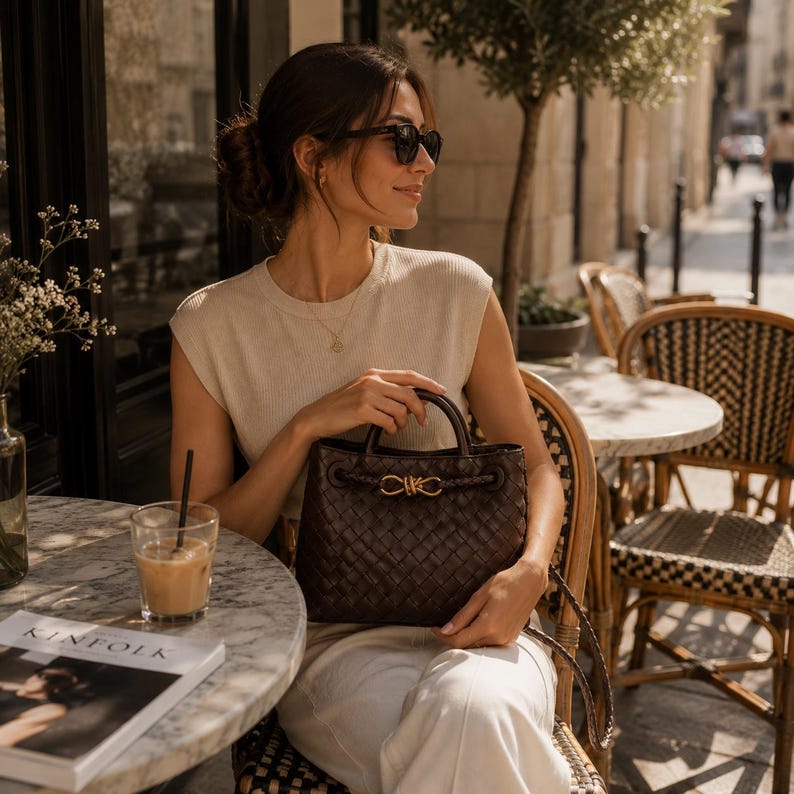Pu&ograve; includere: Una borsa a mano in pelle intrecciata marrone con manico superiore e finiture color oro. La borsa &egrave; tenuta da una persona che indossa occhiali da sole e un top color crema. Un bicchiere di caff&egrave; freddo e una rivista sono su un tavolo di marmo.