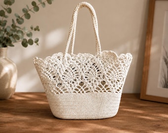 Handmade Crochet Tote Bag, Boho Cotton Shoulder Bag, Summer Market Purse