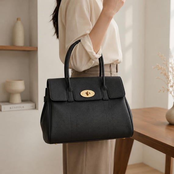 Black Soft Leather Tote Bag, Minimalist Work Purse, Everyday Office Handbag