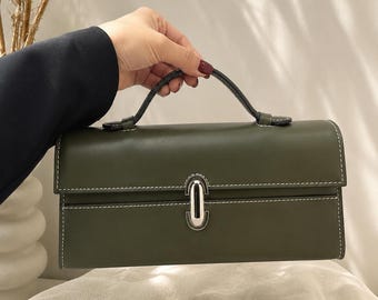 Olive Green Structured Top Handle Bag, Minimalist Evening Clutch Purse